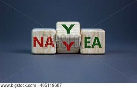 Yea Or Nay Symbol. Turned A Cube, Changed The Word 'nay' To 'yea'. Beautiful Grey Background. Copy S