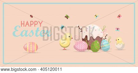 A Set Of Brightly, Colorful Painted Easter Eggs. Vector Illustration With A Happy Easter Wish. Flat 