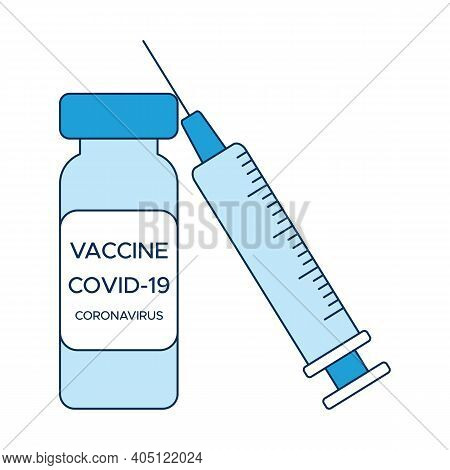 Concept Covid-19 Vaccination, One Ampoule Of Vaccine And A Syringe, A Medical Poster In Shades Of Bl