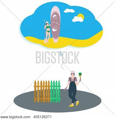 Painter, Girl Dreaming To Ride On A Surfboard - Vector. Travel Planning. Hypothetically Active Rest.