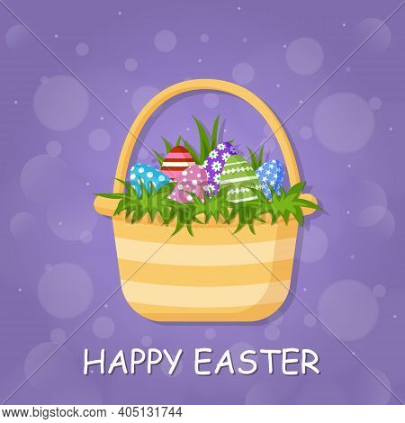 Easter Colorful Eggs And Green Grass In Basket. Cartoon Flat Style. Vector Illustration Isolated On 
