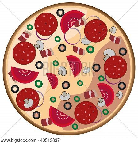 Vector Illustration, Big Round Pizza With Toppings