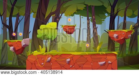 Game Level Background With Platforms And Items. Vector Cartoon Landscape Of Forest, Trees, Flying Is