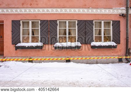 Finland, Helsinki. January 26, 2021 Windows And Facade Of An Old Building In Helsinki. Close-up. Hig