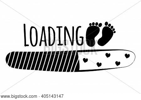 Loading With Baby Footprint And Hearts, Cute Greeting With Coming Soon Newborn For Pregnant Mother. 