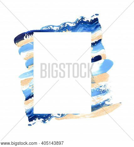 Hand Drawn Blue And Golden Brushstroke Swash With White Rectangular Border. Paint Swatch Smear Prema