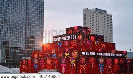 Warsaw, Poland. 26 January 2021. Big Multimedia Structure Shaped As A Pyramid Made With Screens Leds