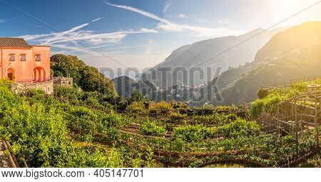Landscape With Ravello Town At The Hills Of The Famous Amalfi Coast, Italy