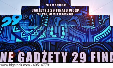 Warsaw, Poland. 26 January 2021. Big Multimedia Structure Shaped As A Pyramid Made With Screens Leds