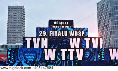 Warsaw, Poland. 26 January 2021. Big Multimedia Structure Shaped As A Pyramid Made With Screens Leds
