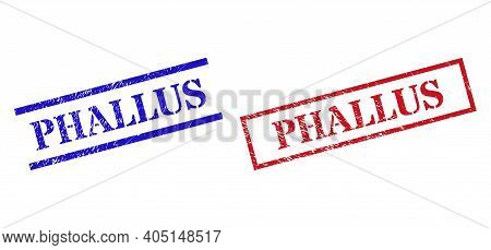 Grunge Phallus Seal Stamps In Red And Blue Colors. Stamps Have Rubber Surface. Vector Rubber Imitati