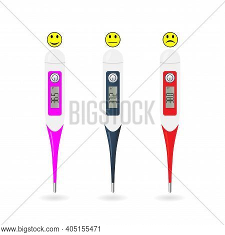 Electronic Thermometers Of Different Colors. Determination Of Body Temperature. Vector Illustration