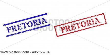 Grunge Pretoria Rubber Stamps In Red And Blue Colors. Stamps Have Draft Style. Vector Rubber Imitati