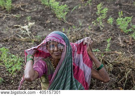 Abbigeri, Karnataka, India - November 6, 2013: Closeup Of Older Female Peanut Harvester With Big-rim