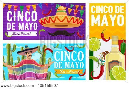 Cinco De Mayo Vector Banners. Mexican Sombrero With Mustaches, National Flag, Tequila With Lime And 