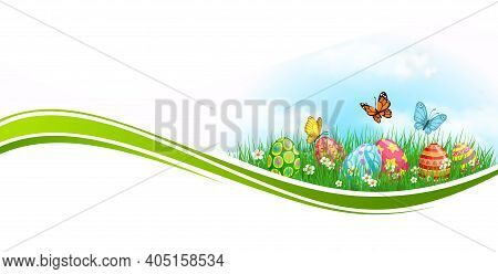 Easter Eggs And Grass, Green Wave Vector Design. Easter Egg Hunt Spring Field, Flowers, Painted Gift