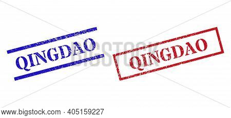Grunge Qingdao Stamp Seals In Red And Blue Colors. Seals Have Rubber Surface. Vector Rubber Imitatio
