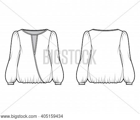 Surplice Blouse Technical Fashion Illustration With Bouffant Long Sleeves, Gathered Hem, Wide Wrap S