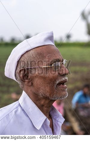 Abbigeri, Karnataka, India - November 6, 2013: Facial Closeup Of Siddappa Gidigena, Peanut Farmer Is
