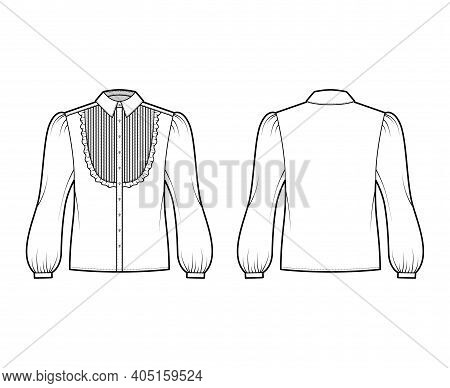 Blouse Tuxedo Technical Fashion Illustration With Long Bouffant Sleeves, Classic Collar, Pintucked B