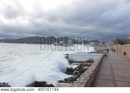 Sea View At The Coast Of Cala Ratjada, Majorca, Spain. Storm And Waves.