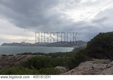View To The Bay Of Cala Ratjada, Majorca, Spain. Stormy Clouds And Sea.