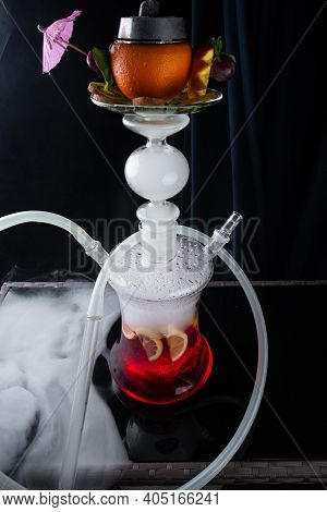 Modern Fruit Hookah Bowl With Orange And A Lot Of Fresh Fruits With Kaloud With Red Hot Coconut Coal