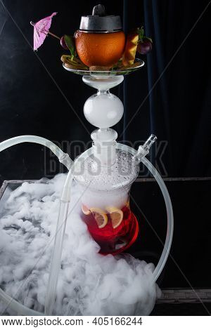 Modern Fruit Hookah Bowl With Orange And A Lot Of Fresh Fruits With Kaloud With Red Hot Coconut Coal