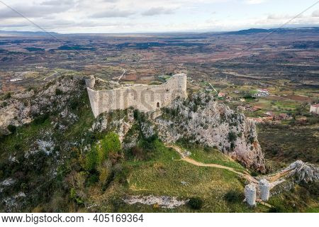 Aerial View Of Poza De La Sal Castle And Village In Burgos, Castile And Leon, Spain . High Quality 4