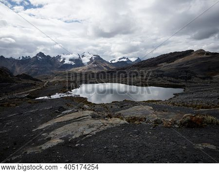 Aerial Panorama View Of Pastoruri Glacier Melting Snow Ice Lake Cordillera Blanca Huaraz Ancash Peru