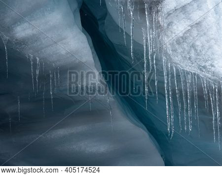 Closeup Detail Of Ice Crystal Icicle Melting Snow Water Drop At Pastoruri Glacier Cordillera Blanca 