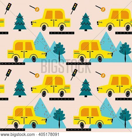 Seamless Pattern Cute Yellow Car Road Mountain