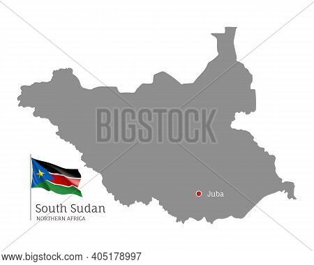 Silhouette Of South Sudan Country Map. Gray Editable Map With Waving National Flag And Juba City Cap