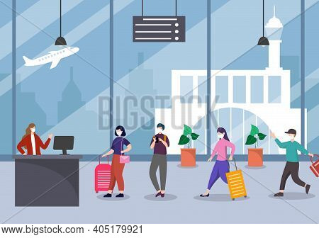 New Norma, Vector Illustration People In Masks Observe Social Distancing In The Interior Airport, Ch