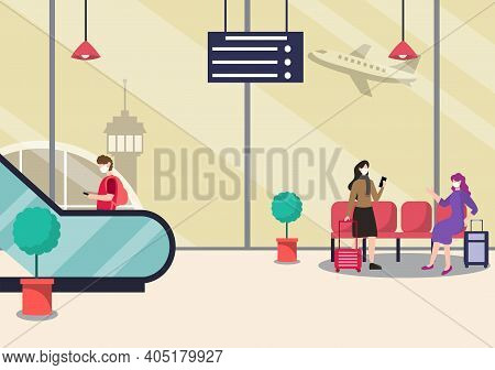New Norma, Vector Illustration People In Masks Standing On Escalator Airport Interior Terminal, Busi