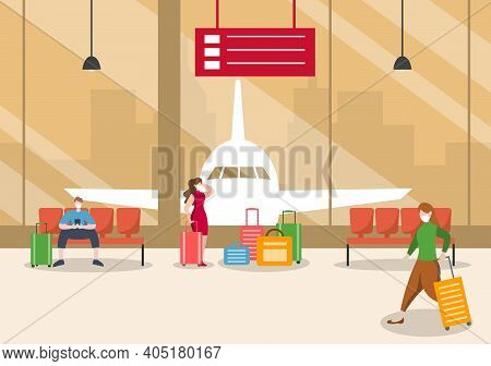 New Norma, Vector Illustration People In Masks Sitting In Airport Interior Terminal, Business Travel