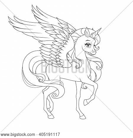Beautiful Unicorn With Wings. Vector Coloring Page.