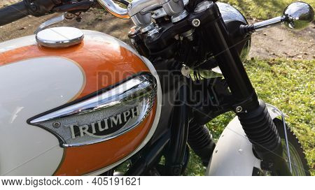 Bordeaux , Aquitaine  France - 01 24 2021 : Triumph Bike Bonneville T100 Detail Sign And Brand Logo 