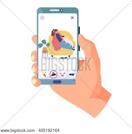 Guy Holding Phone With Photo Of Treatment Process. Sick Girl Take Medication On Self-isolation. Fema