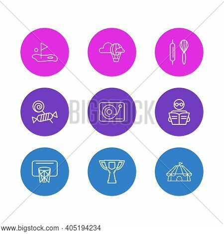 Vector Illustration Of 9 Hobby Icons Line Style. Editable Set Of Golf, Hot Air Balloon, Award Cup An