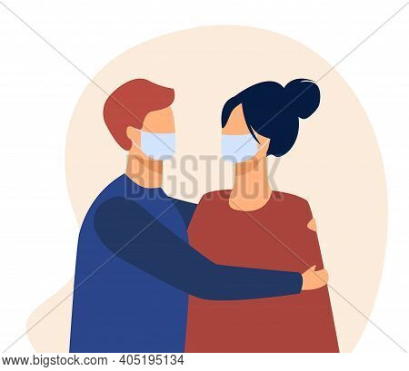 Couple Dating During Covid Pandemic. People In Masks Hugging. Flat Vector Illustration. Coronavirus,