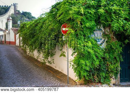Obidos, Portugal, October 05, 2018: Road Sign Is On Side Of The Road In The Thickets Of Bushes And T
