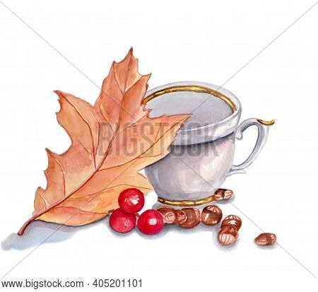 Watercolor Illustration Of Still Life With A Cup, Berries And Leaves On White Isolated Background. A