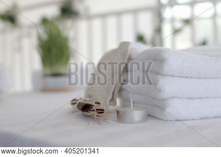 Beautiful Spa Composition On Massage Table , Spa Relax Concept, Copy Space

, Beautiful Spa Set On W
