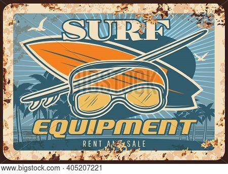 Surf Equipment Rusty Metal Plate With Surfing Boards And Mask On Seascape Background With Palm Trees