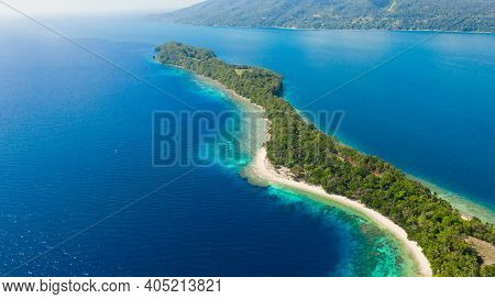 Big Liguid Island With Beautiful Beach, Palm Trees By Turquoise Water View From Above. Big Cruz Isla