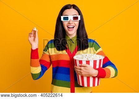 Photo Of Beautiful Excited Amazed Brown Hair Girl Eat Popcorn Watch 3d Technology Film Isolated Over