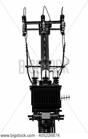 Pole Mounted Transformer Station From Medium To Low Voltage, Black And White Image