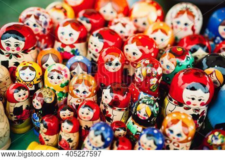 Bright Colorful Russian Nest Dolls On The Market