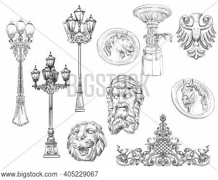 Hand Drawn Sketch Set Of Urban Decorative Architectural Elements Lanterns, Bas-reliefs. Vector Illus